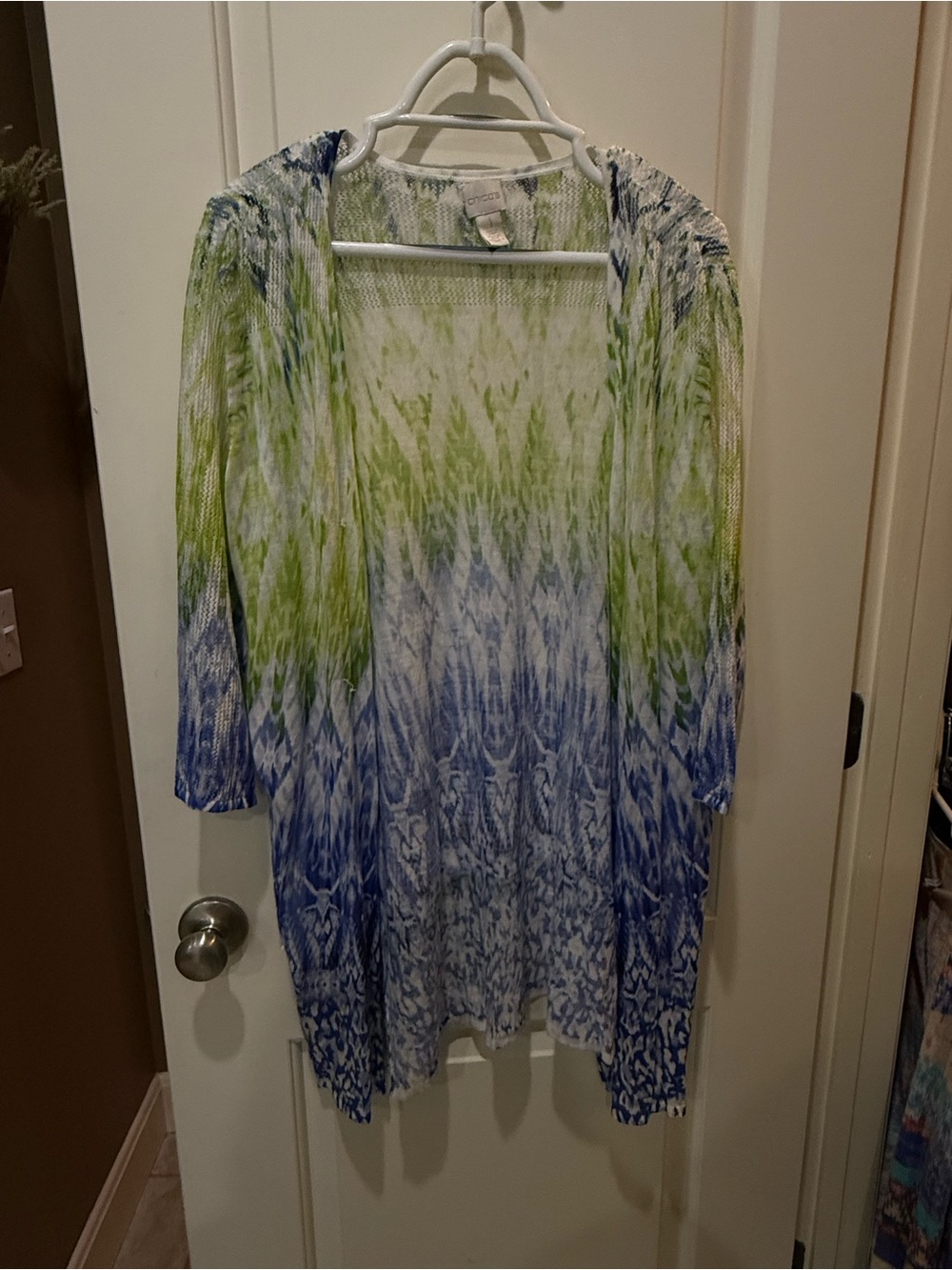 Chico's Blue, Green & White Open-Front Lightweight Cardigan
